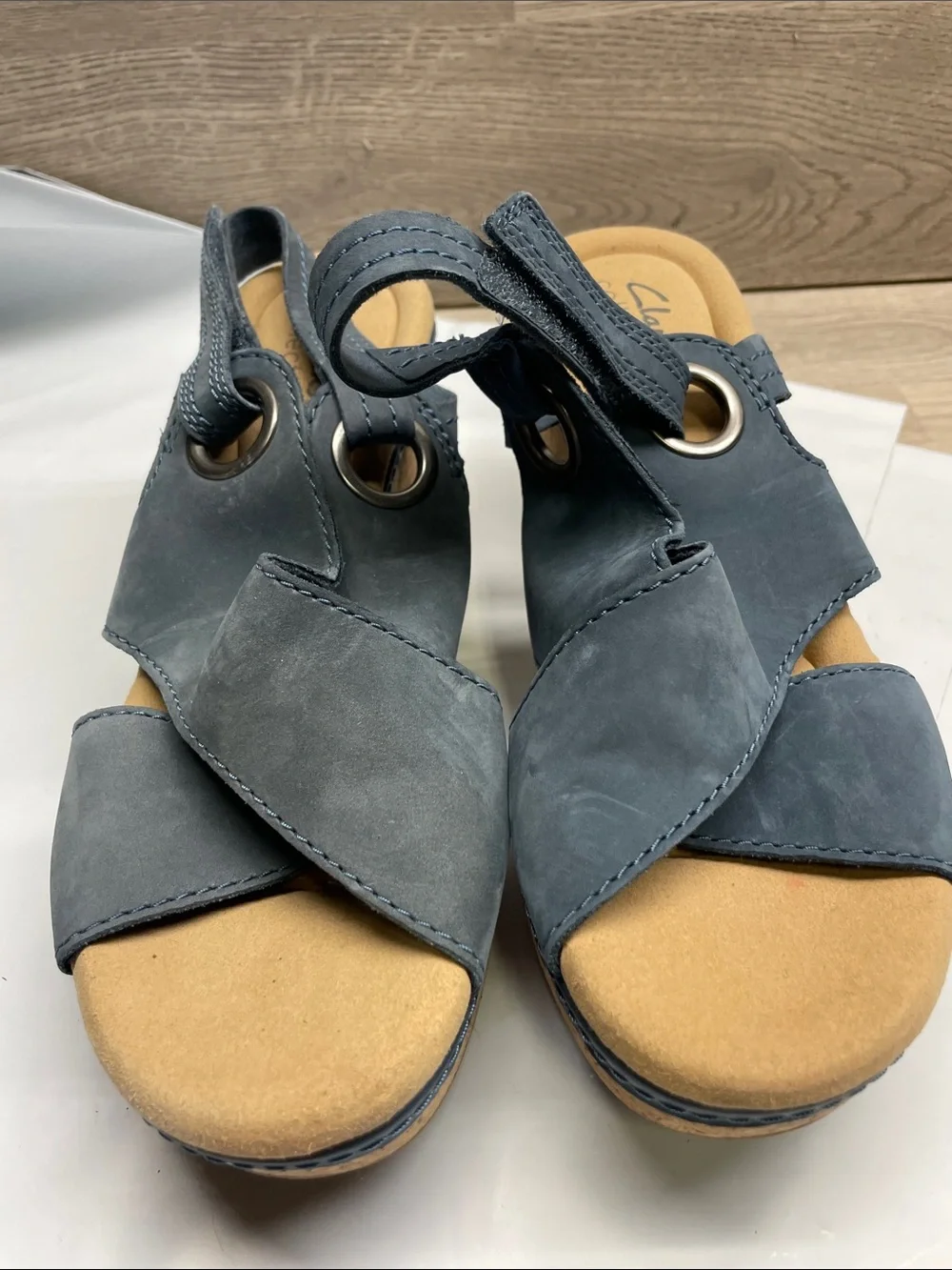 Clarks Slate Blue Nubuck Wedge Sandals with Grommet Detail #1094